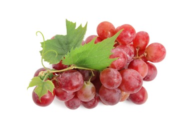 Photo of Cluster of ripe red grapes with green leaves on white background, top view