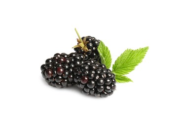 Photo of Tasty ripe blackberries and green leaves isolated on white