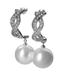 Photo of Elegant silver earrings with pearls on white background