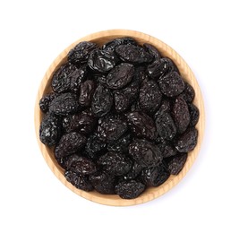 Bowl with sweet dried prunes isolated on white, top view