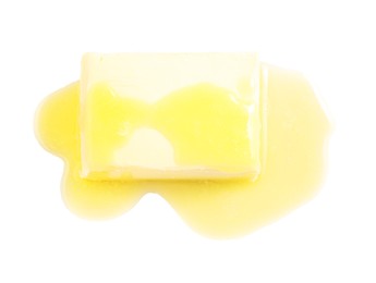 Photo of Piece of melting butter on white background, top view