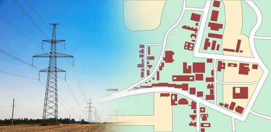 Image of Cadastral map and high voltage towers with electricity transmission power lines in field 