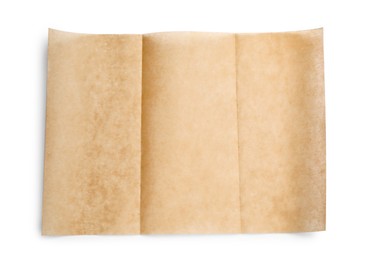 Sheet of brown baking paper on white background, top view