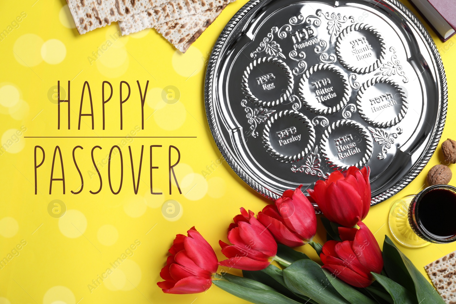 Image of Flat lay composition with symbolic Pesach (Passover Seder) items on yellow background