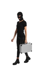 Photo of Woman wearing knitted balaclava with metal briefcase on white background