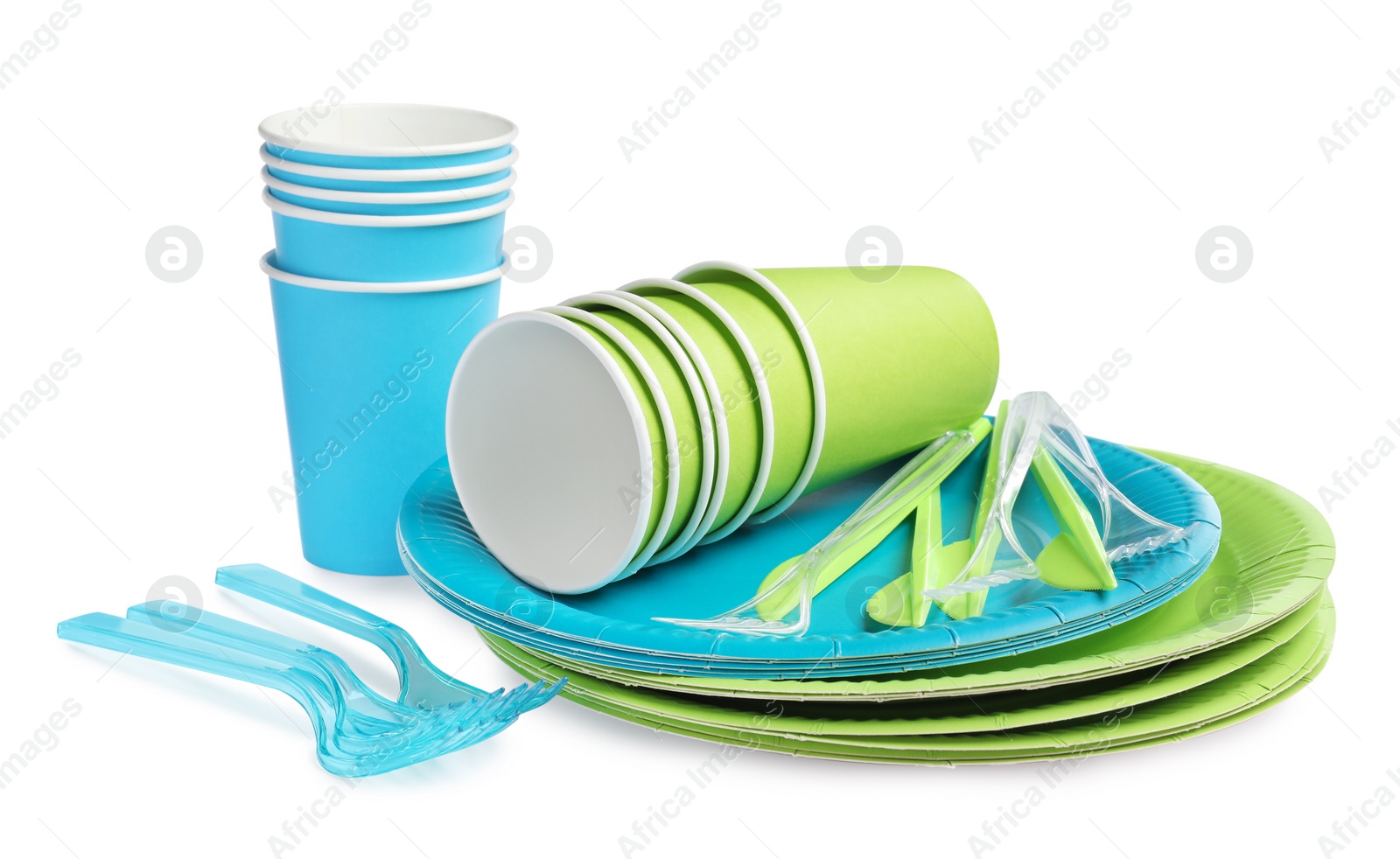 Photo of Set of disposable tableware on white background