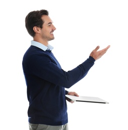 Photo of Young male teacher with laptop on white background