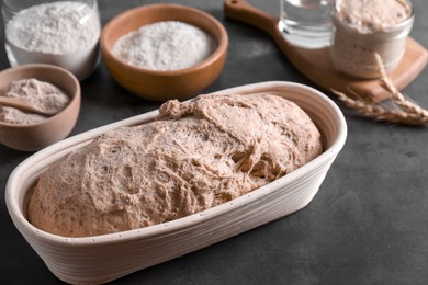 Photo of Fresh sourdough, flour and spikes on grey table
