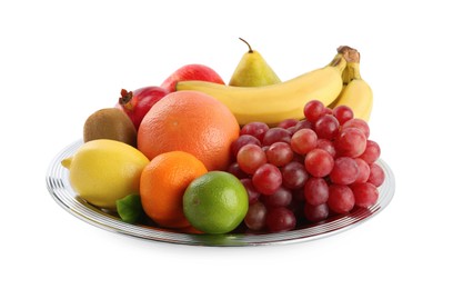 Photo of Plate with fresh ripe fruits on white background