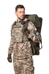 Photo of Ukrainian soldier in military uniform with army bag on white background