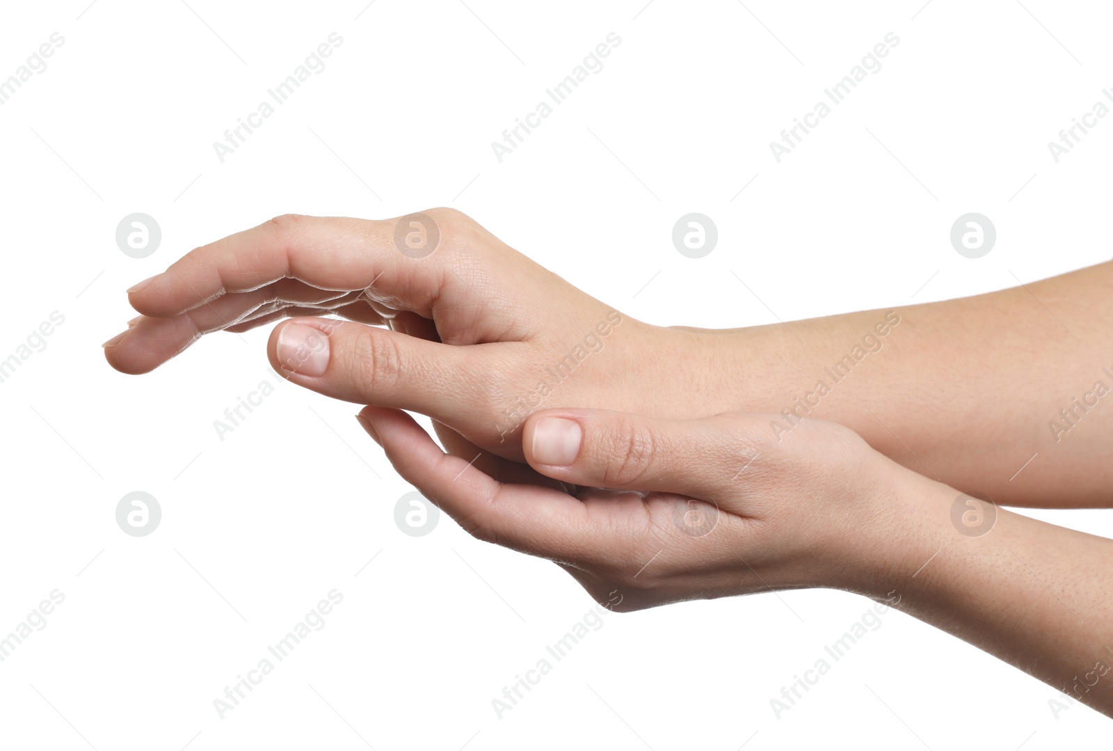 Photo of Woman showing hands on white background, closeup