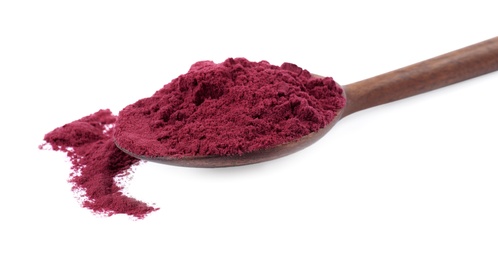 Wooden spoon of acai powder on white background