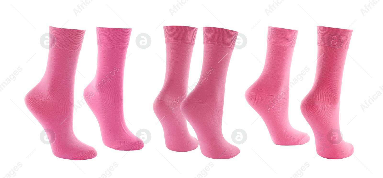 Image of Pairs of pink socks on white background, collage. Banner design