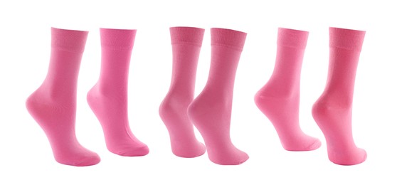 Pairs of pink socks on white background, collage. Banner design