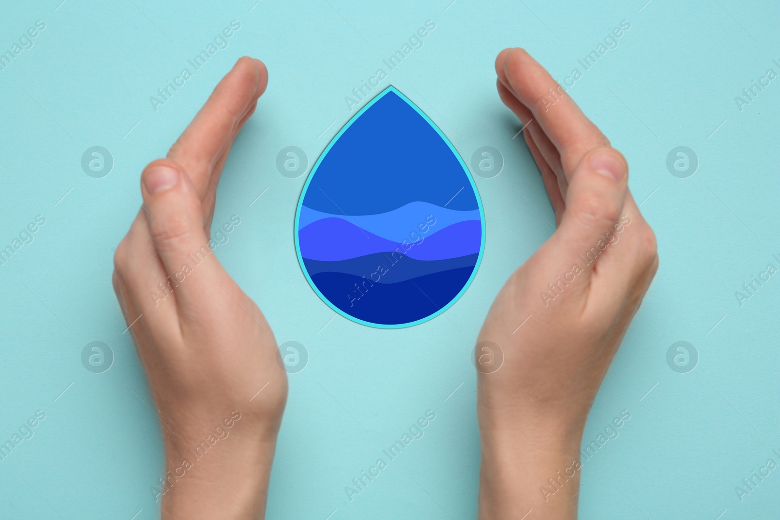 Image of Woman with paper water drop on light blue background, top view