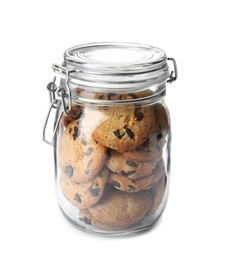 Jar with tasty chocolate chip cookies on white background