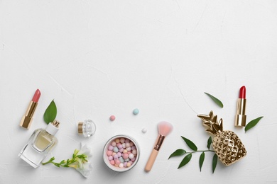 Flat lay composition with cosmetic products on light background