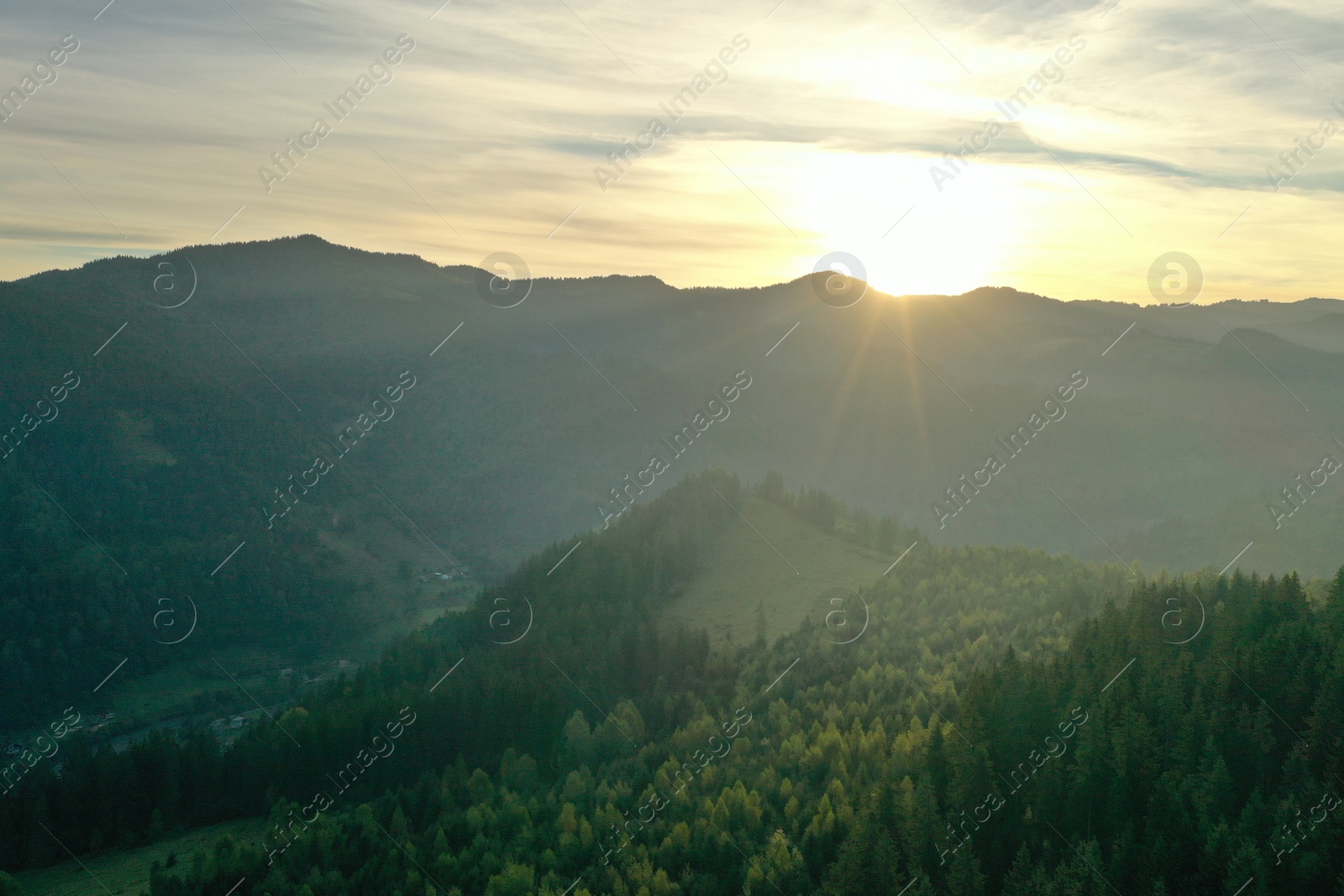 Photo of Aerial view of beautiful mountain landscape with green trees at sunrise