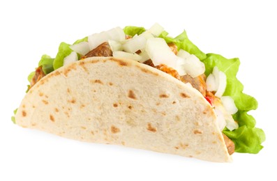 Photo of Delicious taco with meat, vegetables and slice of lime isolated on white