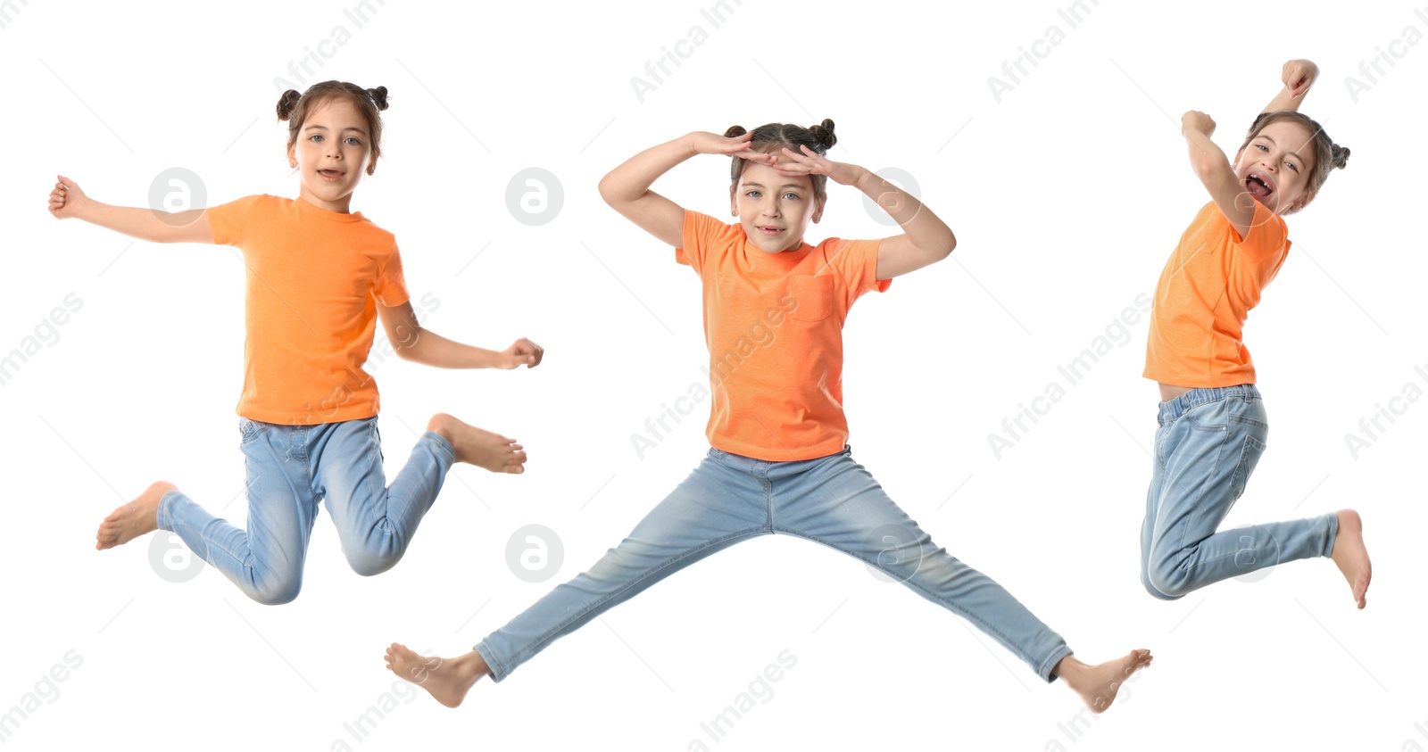 Image of Cute little girl jumping on white background, collage. Banner design