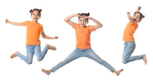 Image of Cute little girl jumping on white background, collage. Banner design