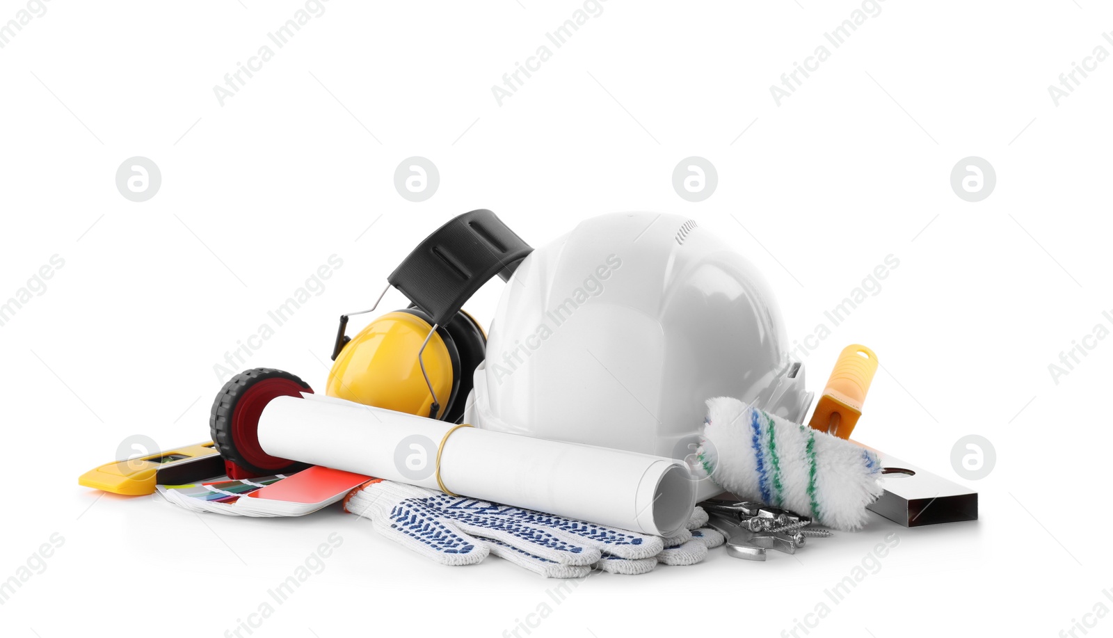 Photo of Different construction tools and hard hat isolated on white