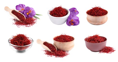 Image of Dried saffron and crocus flowers on white background, collage. Banner design