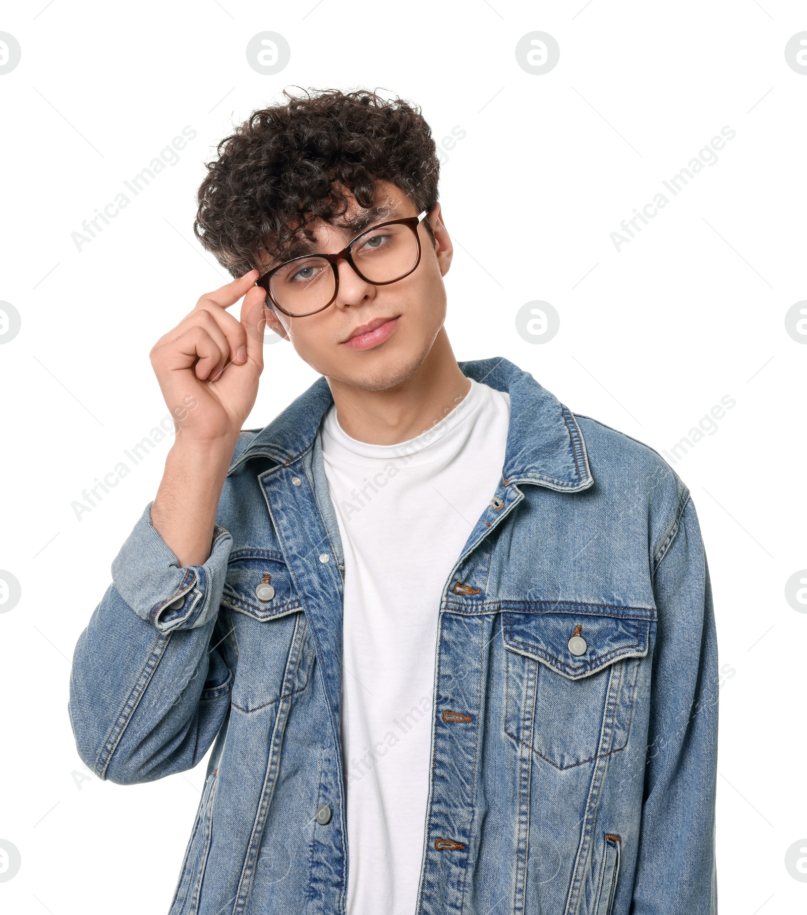 Photo of Portrait of handsome young man in glasses on white background