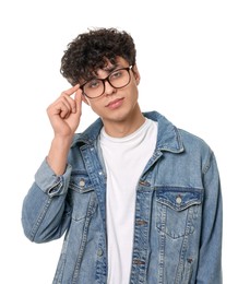 Portrait of handsome young man in glasses on white background