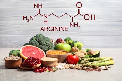 Image of Fresh vegetables, fruits and seeds on grey table. Sources of essential amino acids