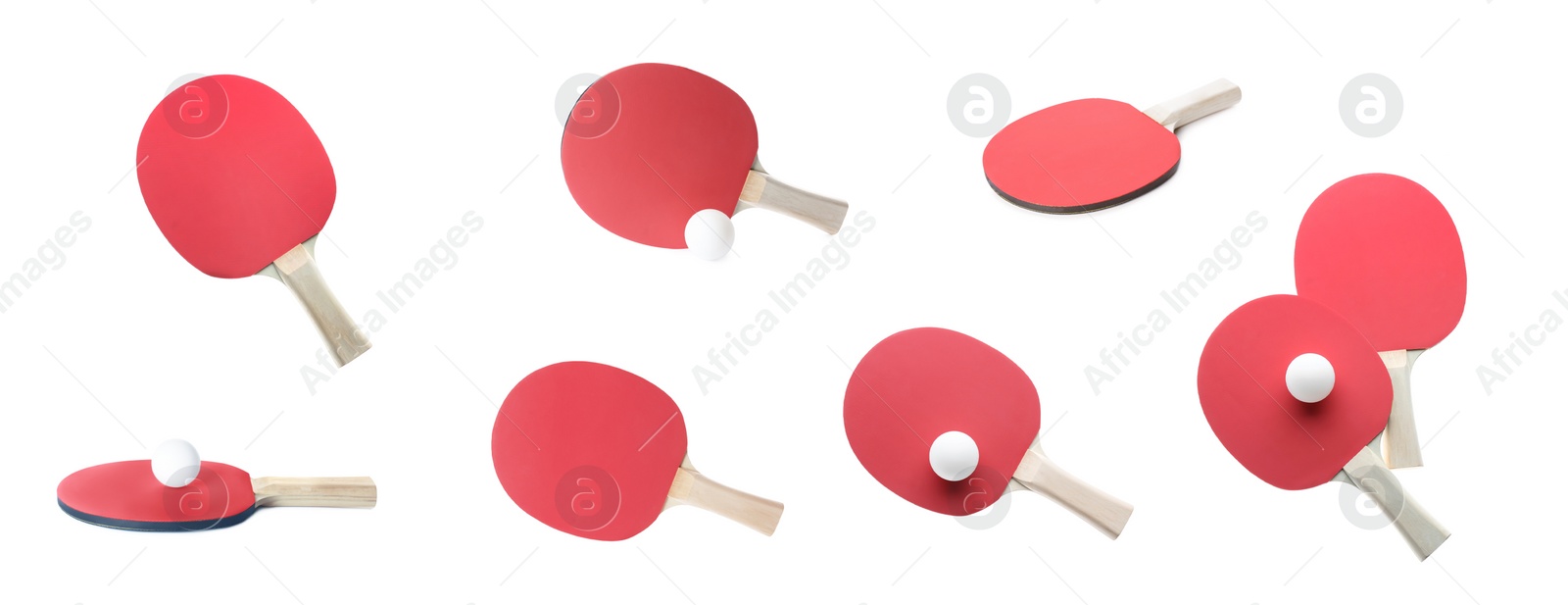Image of Set with ping pong rackets and balls on white background, banner design