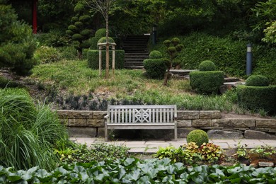 Photo of Beautiful view of park with bench and green plants