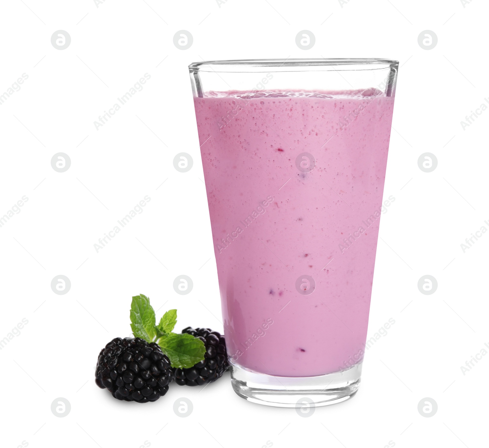 Photo of Freshly made blackberry smoothie in glass on white background