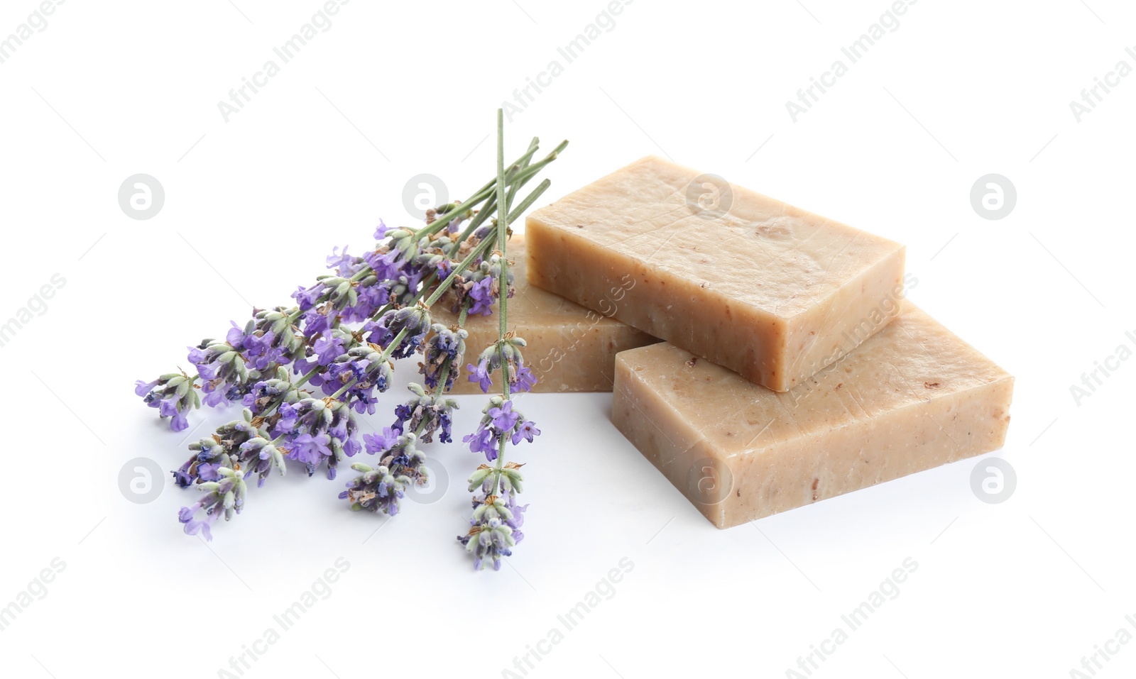 Photo of Hand made soap bars with lavender flowers on white background