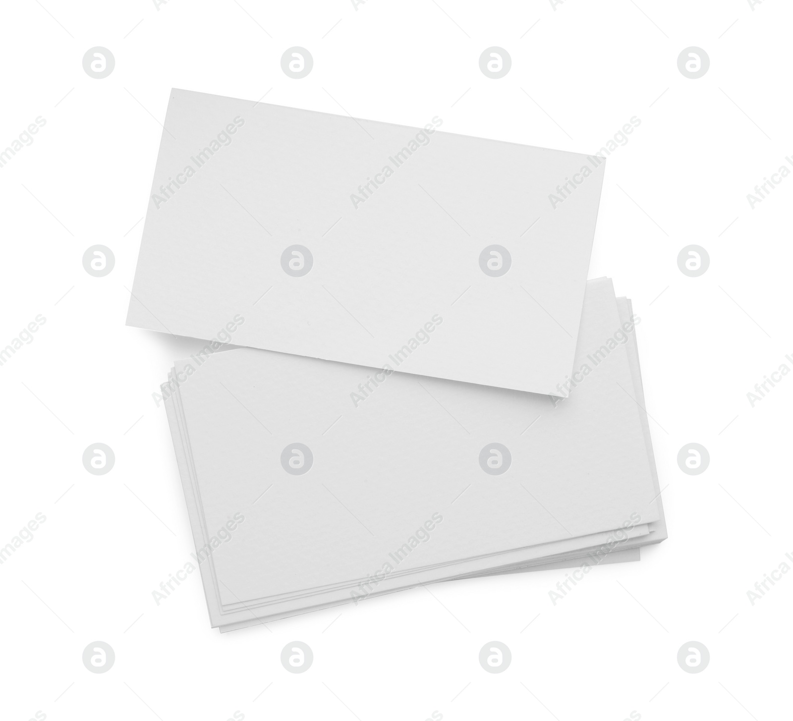 Photo of Blank business cards isolated on white, top view. Mockup for design