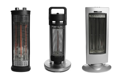 Different modern electric heaters on white background, collage 
