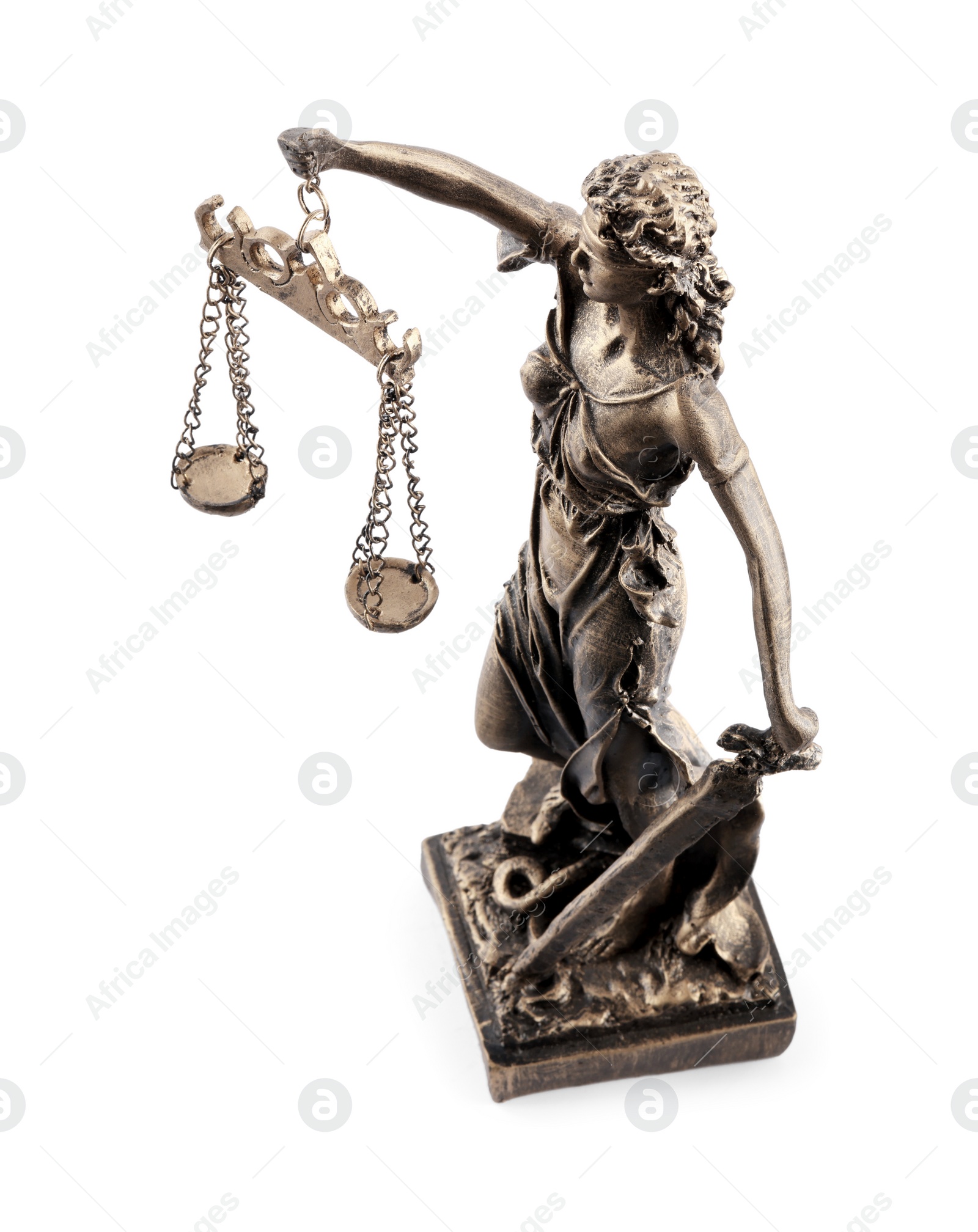 Photo of Statue of Lady Justice isolated on white, above view. Symbol of fair treatment under law