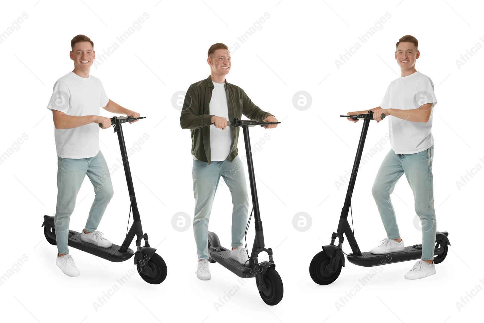 Image of Man with electric kick scooter isolated on white. Set of photos
