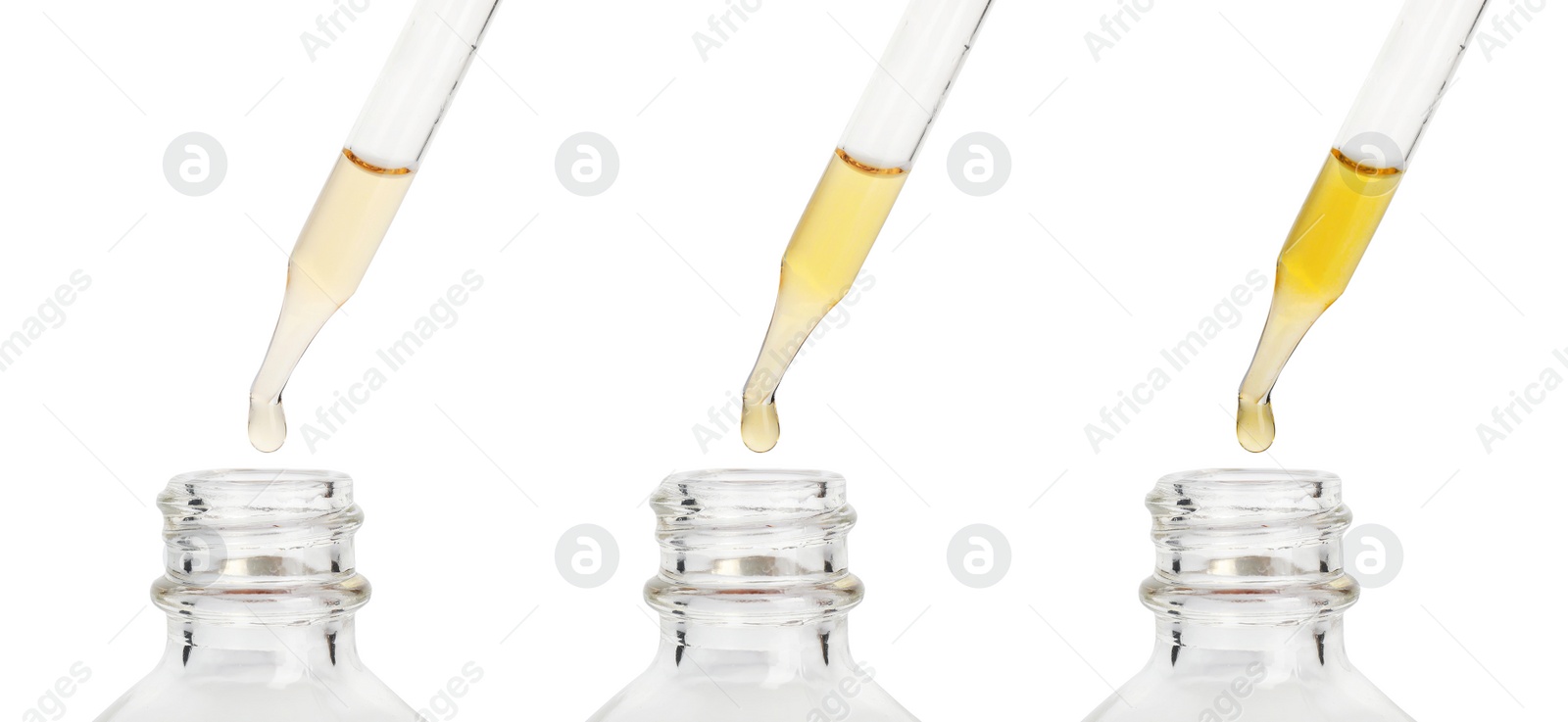 Image of Dripping essential oils from pipettes into glass bottle on white background, collage. Banner design