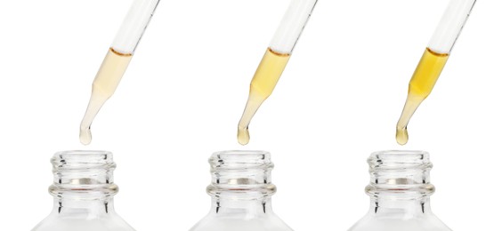 Dripping essential oils from pipettes into glass bottle on white background, collage. Banner design