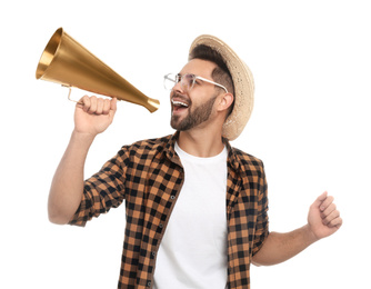Photo of Young man with megaphone on white background