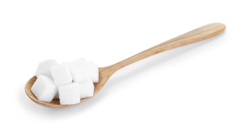 Sugar cubes in wooden spoon isolated on white