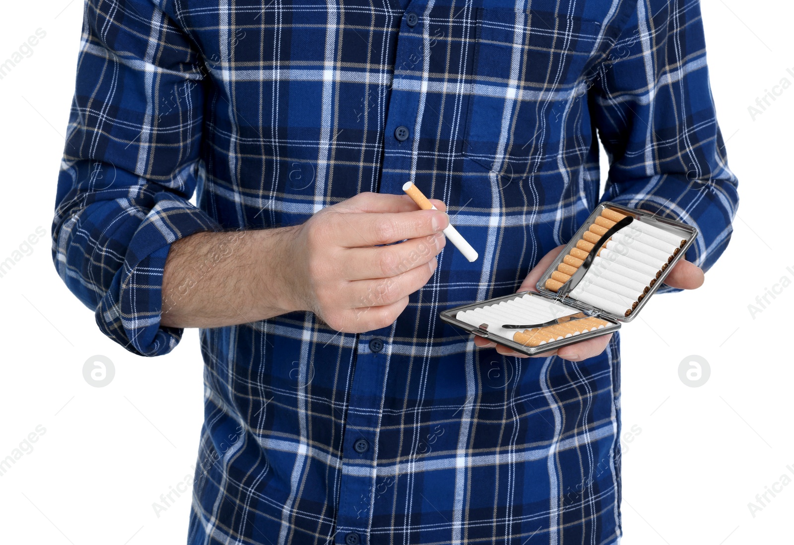 Photo of Man taking cigarette from case isolated on white, closeup