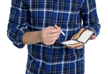 Man taking cigarette from case isolated on white, closeup