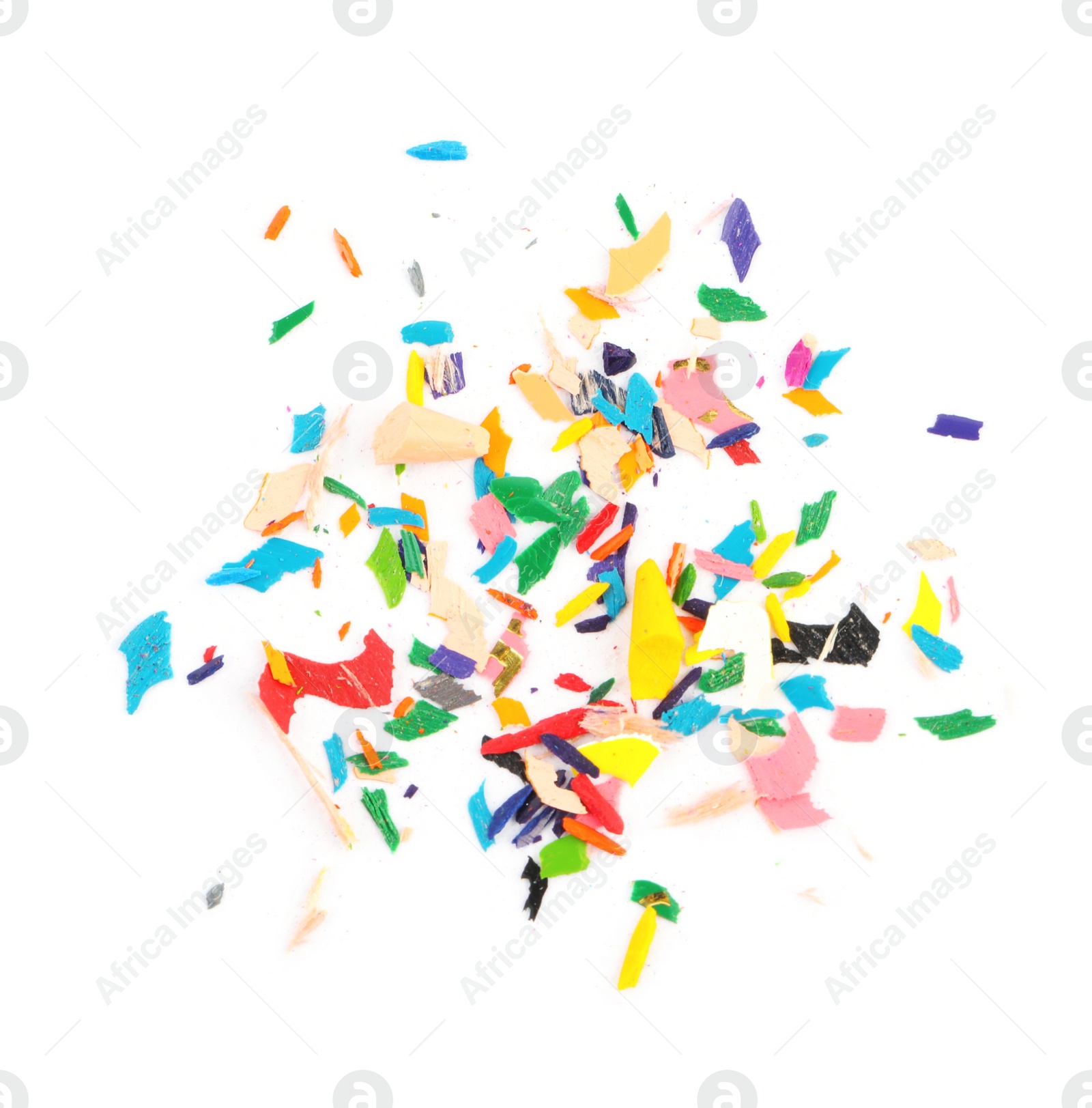 Photo of Colorful graphite crumbs on white background, top view. Pencil sharpening