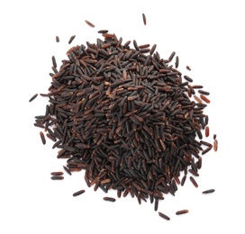 Photo of Pile of uncooked black rice on white background, top view