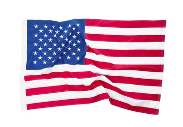 Photo of American flag on white background, top view