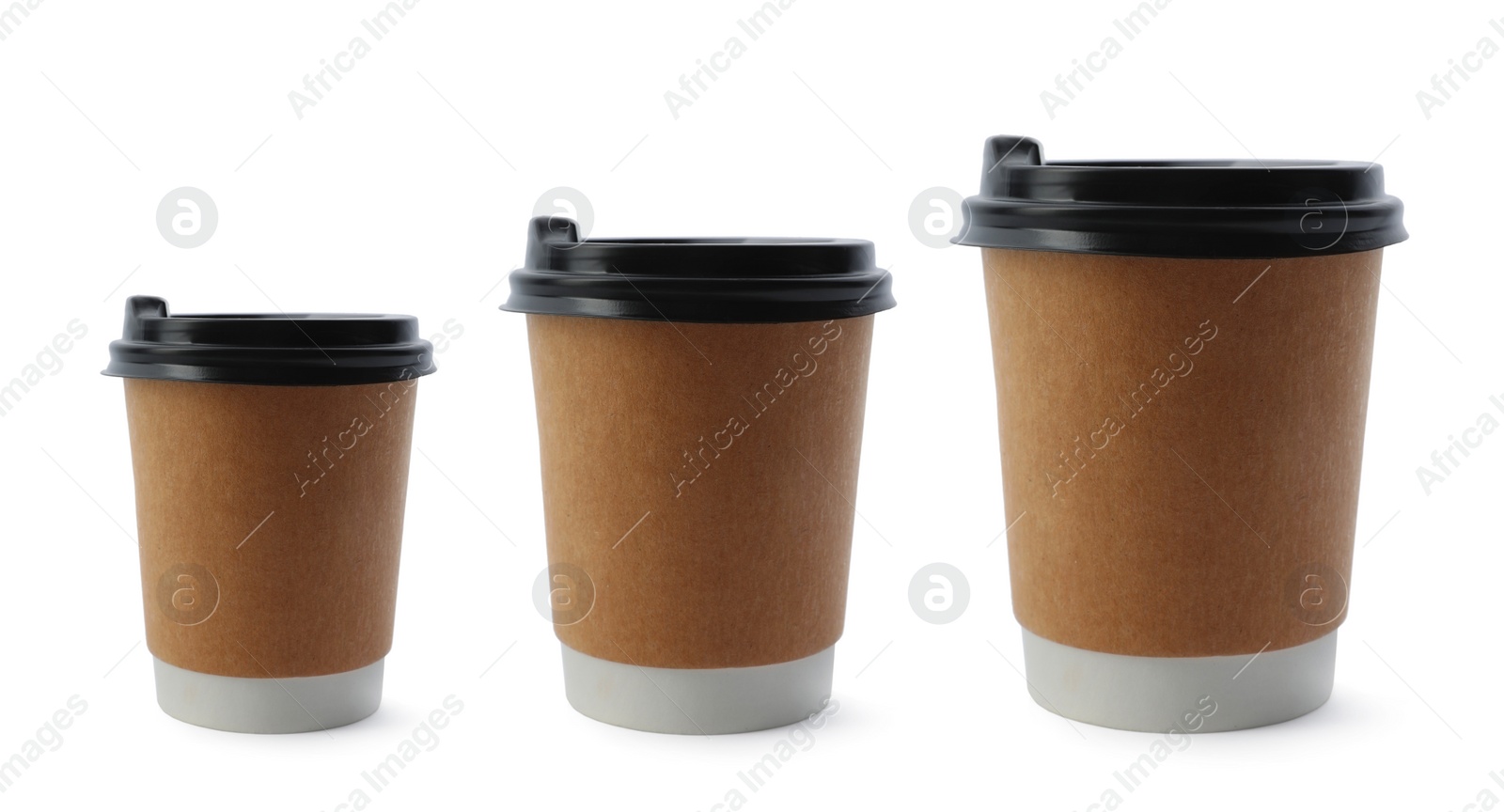 Image of Paper coffee cups of different sizes on white background, collage