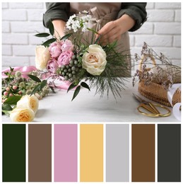 Image of Florist making beautiful bouquet at white table and color palette. Collage