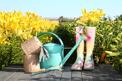 Rubber boots and gardening tools on grey table in lily field